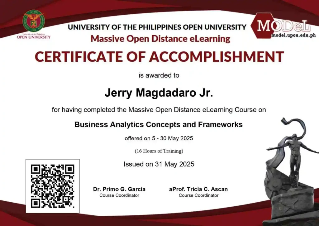 MOOC certificate business analytics white color orientation.