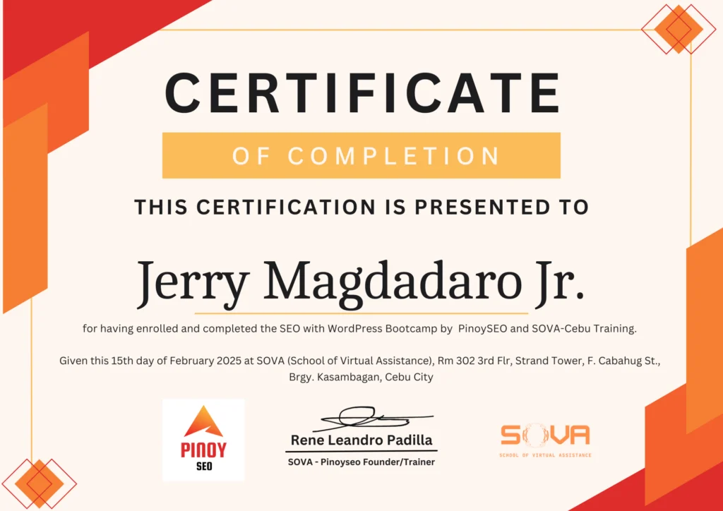 WordPress and SEO certificate white color orientation.