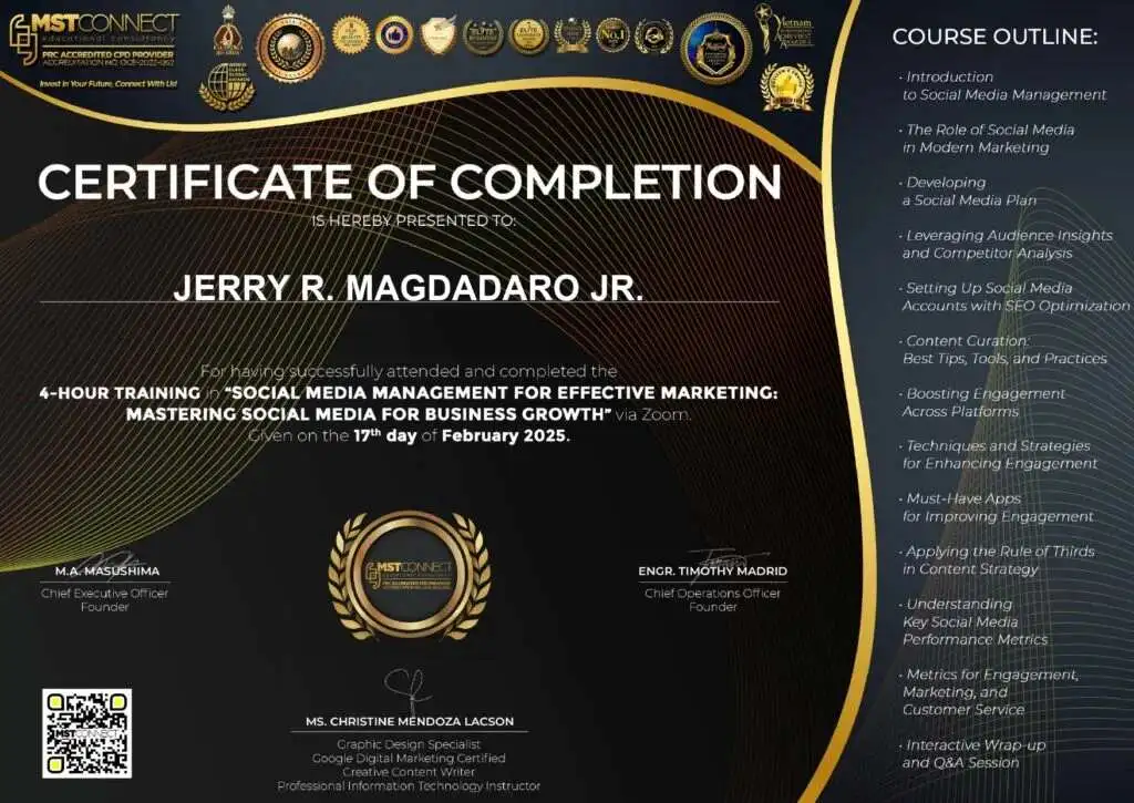 Certificate of social media management color black.