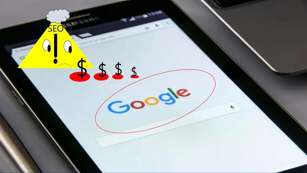 SEO warning icon over Google search on smartphone about affordable SEO services Philippines