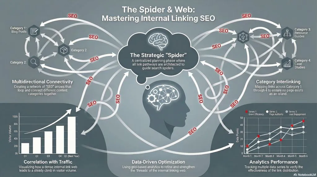 Internal linking SEO diagram showing spider web structure connecting categories to improve traffic growth