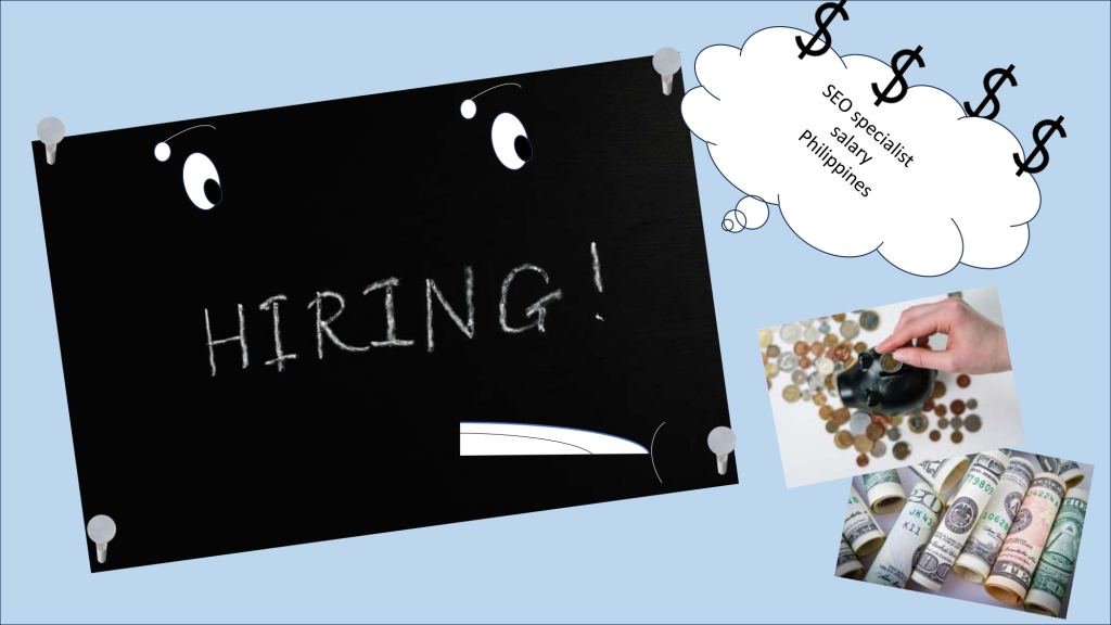 Hiring board and money icons representing an SEO specialist salary Philippines.