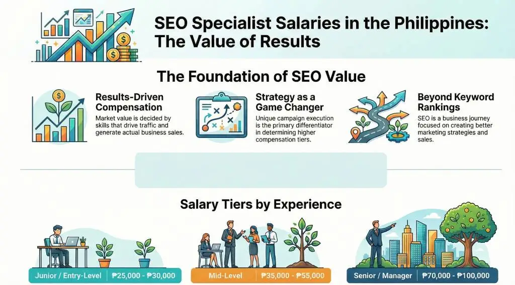 Infographic of SEO specialist salary Philippines tiers based on experience and results.
