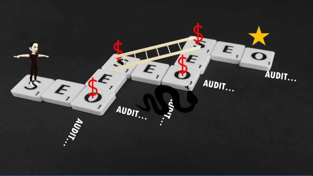 SEO site audit concept with snakes, ladders, letter tiles, and money on a black background