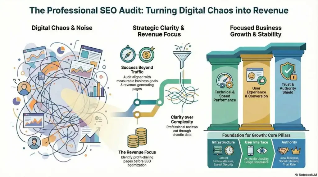 SEO site audit infographic showing digital chaos, technical speed, UX, and authority pillars