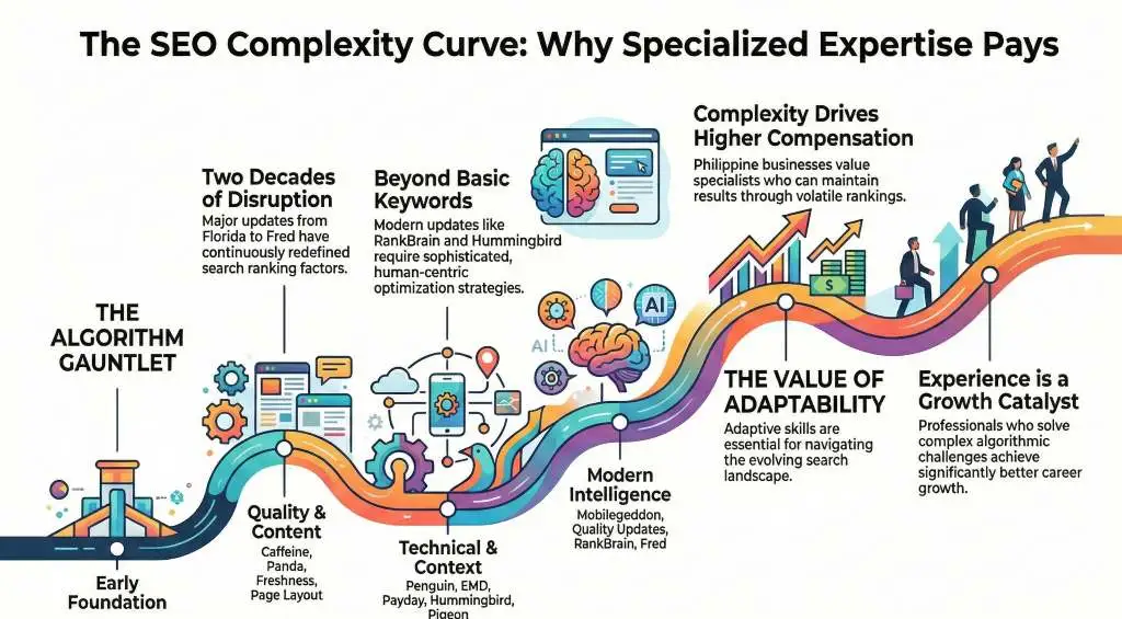 Chart showing growth and foundation factors for an SEO specialist salary Philippines.