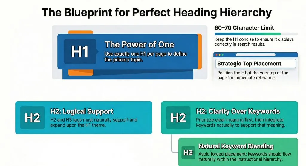 SEO heading tags blueprint showing H1, H2, and H3 hierarchy for logical support