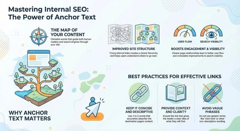SEO infographic about anchor text best practices, site structure, and user flow.
