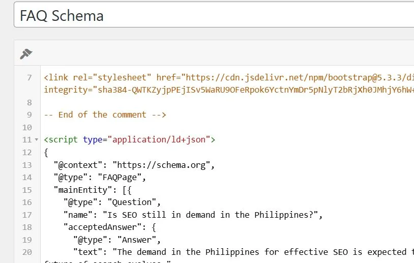 JSON-LD code snippet for SEO schema markup targeting FAQ sections.