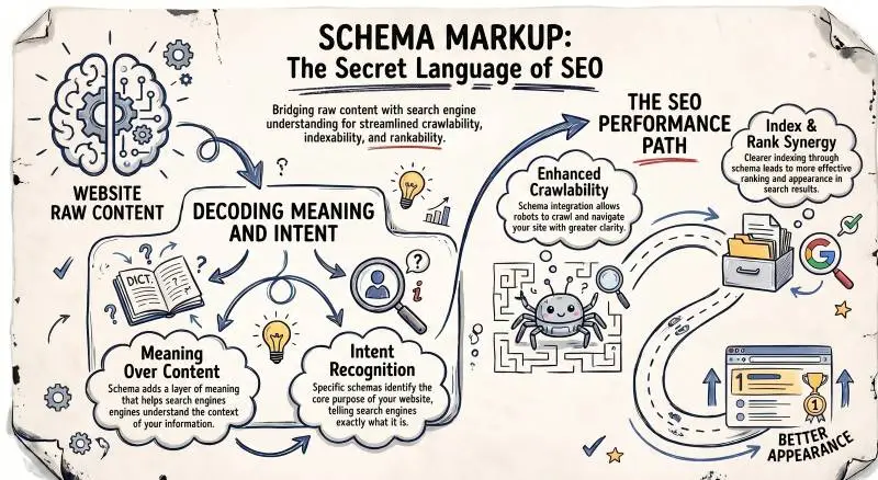 Diagram explaining the SEO schema markup performance path.