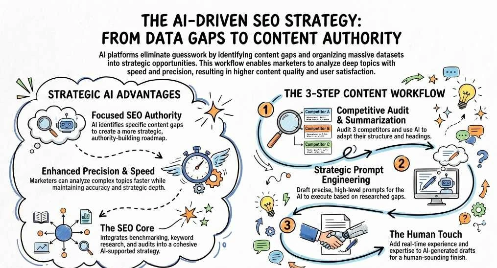 Workflow diagram of an AI SEO content strategy for competitive audits and authority.