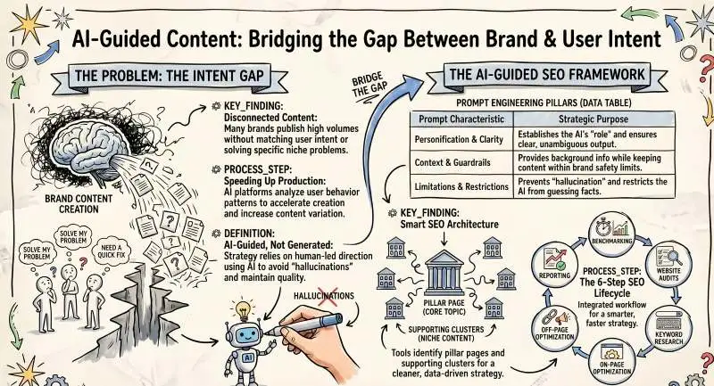 Infographic showing an AI-guided SEO content strategy to bridge the user intent gap.