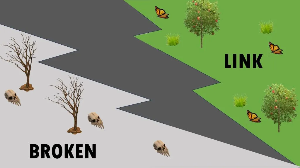 Conceptual graphic illustrating broken link meaning with split landscape.