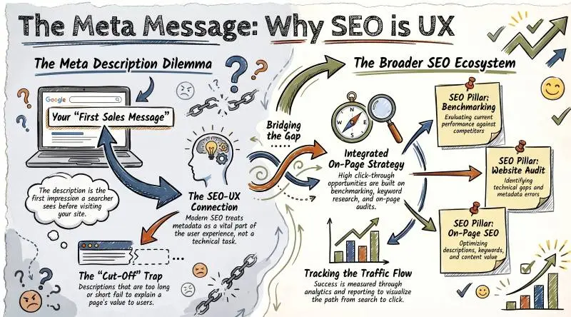 Infographic linking meta description length to UX, on-page strategy, and SEO audits