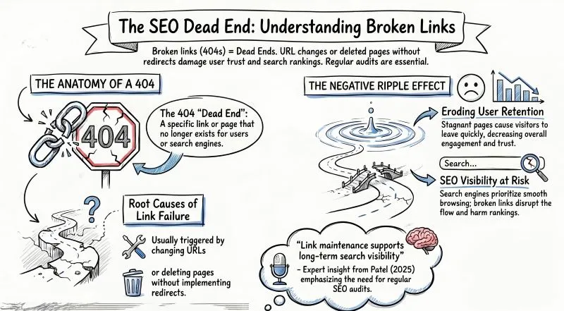 Infographic explaining broken link meaning, 404 errors, and SEO impact.