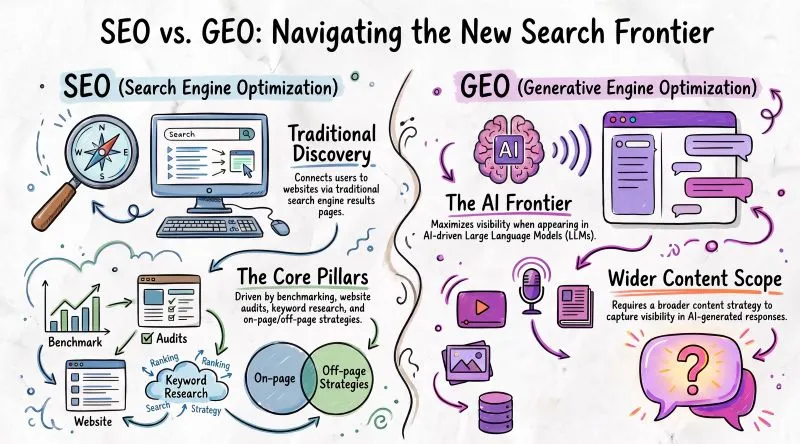 Diagram of SEO vs GEO strategy guide highlighting optimization for human and AI search era.